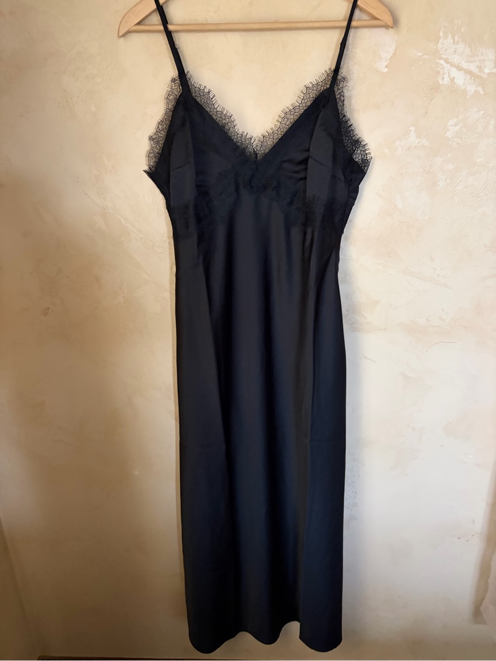 LOFT Black Satin Lace-Trim Slip Dress
